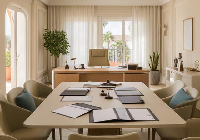 Sala luminosa de un despacho de abogados en Marbella con mesa de reuniones y documentación jurídica
